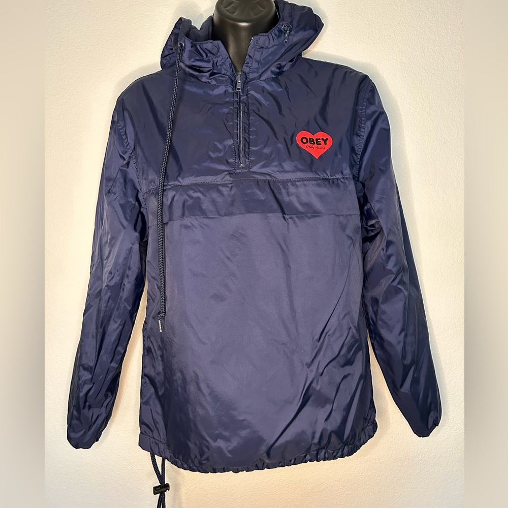 Obey Navy Blue Bomber Jacket with Red Heart